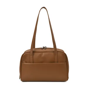 Braune Vintage-Tote-Bag aus Kunstleder mit großem Fassungsvermögen und Reißverschluss-Design