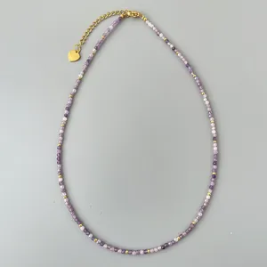 Collana di perline in cristallo naturale viola da 2mm con ciondolo a cuore oro 18k