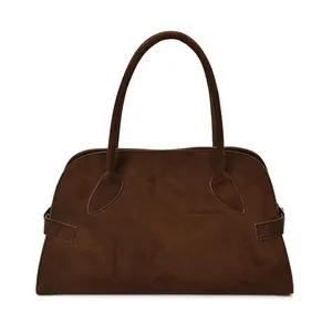 Retro dunkelbraune Shopper-Tasche aus mattem Wildleder mit schmalen Griffen