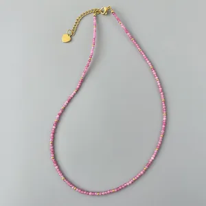 Collana di cristallo rosa 2mm con ciondolo a cuore in oro 18k e chiusura