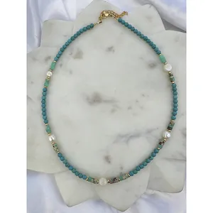 Natural stone and freshwater pearl beaded necklace with turquoise accents for women