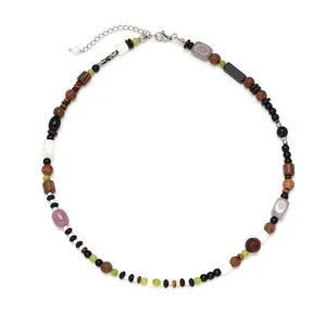 Handmade beaded necklace with natural stone and wooden beads in vintage Chinese style