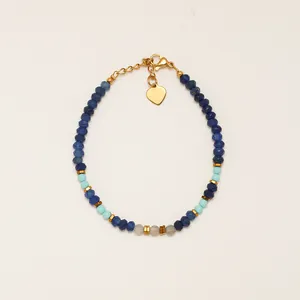 Vintage Natural Stone Beaded Bracelet For Women 18K Gold Plated Titanium Steel Blue Turquoise Heart Pendant Adjustable Bracelet Jewelry