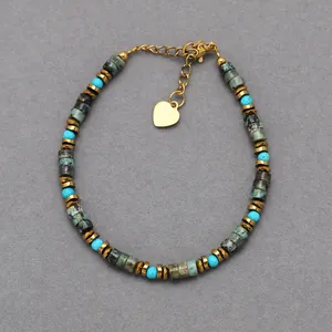 Retro turquoise beaded bracelet with green marble stones and heart charm gold toggle