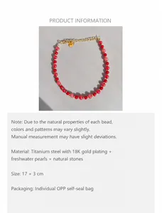 Detail of 18K gold plated titanium steel bracelet with natural stones and pearls