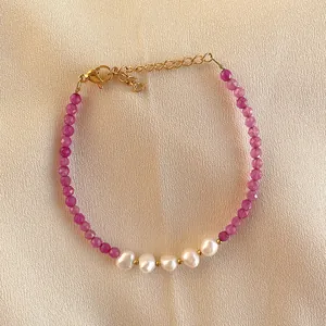 18K gold plated stainless steel bracelet with pink stone beads and five baroque pearls