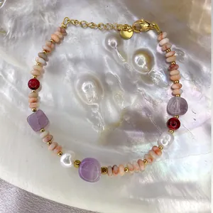 18K gold-plated stainless steel chain bracelet with colorful natural stones and pearls