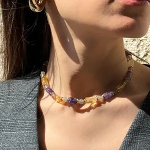Colorful natural stone beaded necklace with purple amethyst and yellow citrine gems