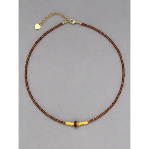 Collier rétro perlé œil de tigre avec chaîne dorée ajustable et breloque cœur