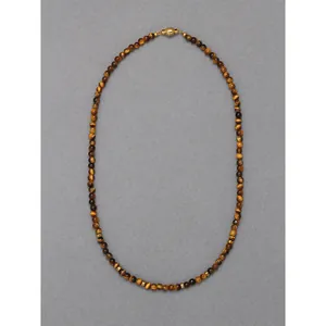 Collier de perles œil de tigre naturel style français avec détails plaqués or vintage