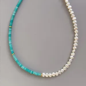 Handmade necklace with natural turquoise beads, freshwater pearls and 18k gold accents