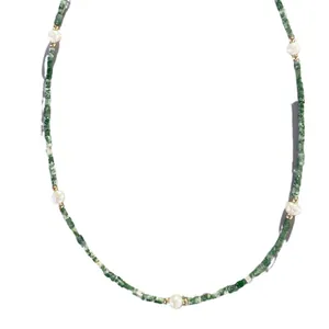 Handmade necklace with green gemstones, white pearls and 18k gold-plated steel beads