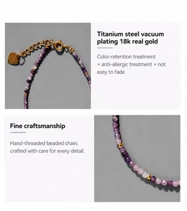 Détail de perles en pierre naturelle violette bohème avec breloque cœur et fermoir