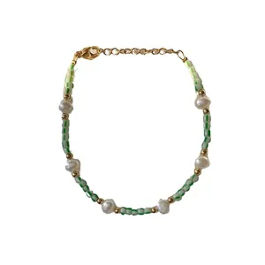 18K gold plated titanium steel bracelet with natural stones and baroque pearls