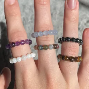 Natural Stone Beaded Elastic Ring For Women Handmade 18K Gold Plated Titanium Steel Stacking Finger Ring Boho Jewelry Gift