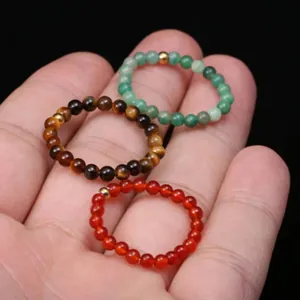 Handmade stretch beaded rings featuring natural green aventurine, tiger eye, and red agate