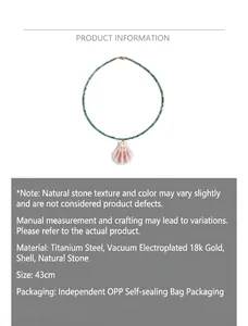 Detail view of natural stone necklace with shell pendant and product dimensions