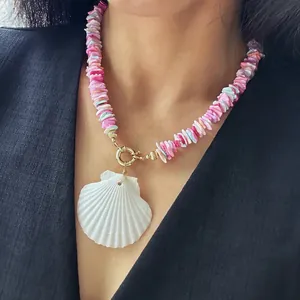 Pink multi-color shell pendant necklace with a natural scallop shell for casual wear
