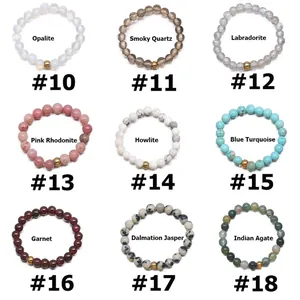 Macro display of nine varieties of 8mm natural gemstone beaded elastic rings with gold spacers