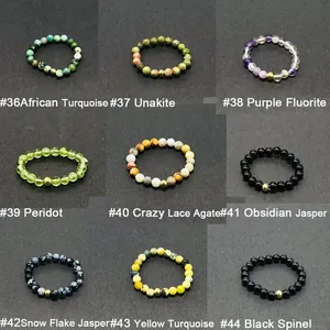 Detail grid of elastic beaded rings with nine types of natural gemstones and gold beads
