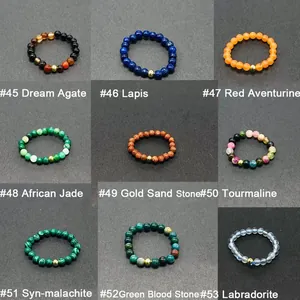 Detailed grid of handmade elastic beaded rings featuring nine different natural gemstones