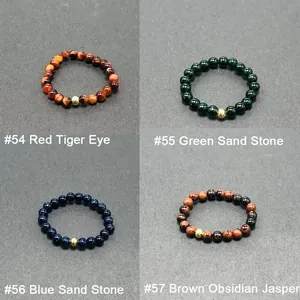 Detailed grid of handmade elastic bead rings featuring Red Tiger Eye and Blue Sand Stone