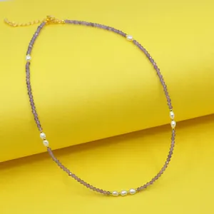 Handmade purple amethyst beaded necklace with white baroque pearls and gold clasp