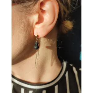18k gold plated titanium steel drop earrings featuring natural black lava stone beads