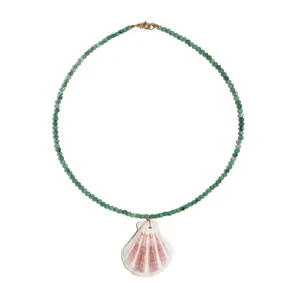 Green natural stone beaded necklace with a pink fan shell pendant for summer beach style