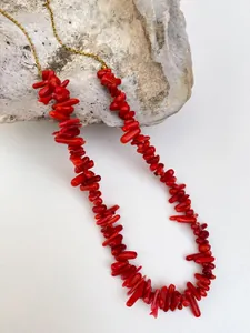 Dettaglio della collana di corallo rosso naturale con catena d'oro su una conchiglia