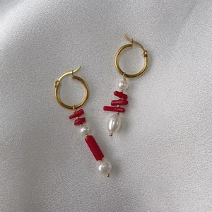 Asymmetric gold hoop earrings with red branch beads and white pearls for women