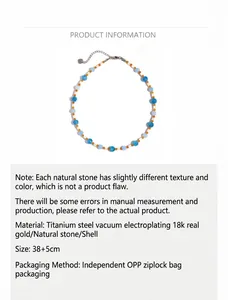 Detail of natural stone necklace with shell charm and 18k gold plated titanium steel chain