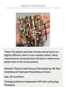 Detail of beaded necklace with freshwater pearls, natural stones and 18K gold-plated steel