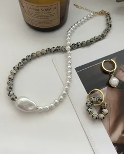 Bohemian baroque pearl and leopard print stone necklace set with matching earrings