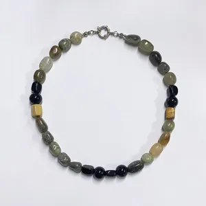 Vintage style necklace featuring colorful natural stones with a silver spring clasp