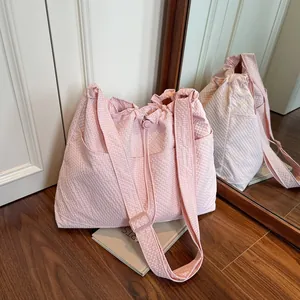 Fashion Nylon Waffle Texture Tote Bag Large Capacity Drawstring Shoulder Crossbody Bag Casual Daily Travel Handbag for Women