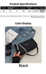Detailed dimensions of a black Oxford cloth bag with 22x12x5 cm size and chain strap