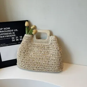 Sac Cabas en Paille Tissée pour Femmes Grande Capacité Avec Poignée en Bois Sac à Main de Plage d'Été Vacances
