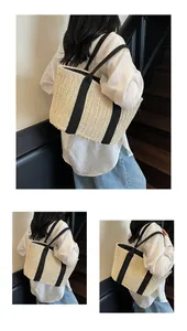 Detailansichten einer gewebten Stroh-Tote-Bag mit schwarzen Canvas-Riemen und Innenfutter