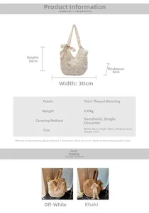 Detail shot of handwoven shoulder bag texture with size dimensions and lace bow accent