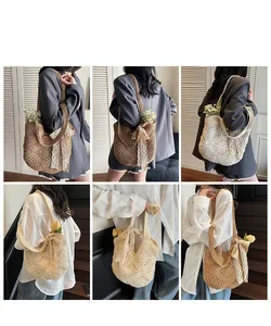 Detailed views of hand-woven crochet shoulder tote bag with lace bow and floral accents