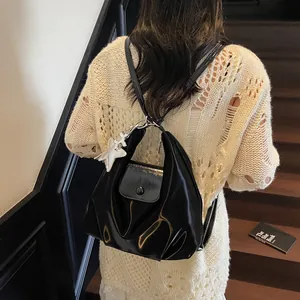 Minimalist black patent leather backpack with star charm for women 2025 summer style