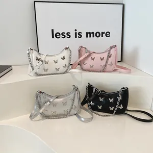 Y2K style butterfly chain shoulder bags in white pink silver and black colors