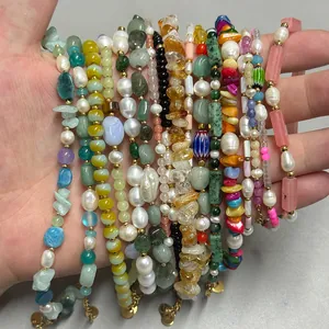 Handmade Natural Stone Freshwater Pearl Bracelet For Women 18K Gold Plated Titanium Steel Beaded Adjustable Jewelry Gift