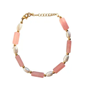 Handmade freshwater pearl and pink crystal beaded bracelet with adjustable gold clasp