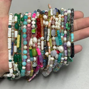 Handgefertigt Bunt Naturstein Süßwasserperle Halskette Titanstahl 18K Vergoldet Perlen Schlüsselbeinkette Für Damen Urlaub Bohemien Schmuck