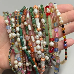 Handmade Beaded Necklace With Natural Stone Freshwater Pearl 18K Gold Plated Titanium Steel Colorful Bohemian Jewelry For Women