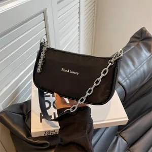 Women Fashion Black Nylon Underarm Bag Minimalist Baguette Bag With Silver Metal Chain And Adjustable Shoulder Strap Urban Casual Purse