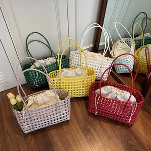 Woven hollow-out shoulder bags in multiple colors with drawstring inner lining
