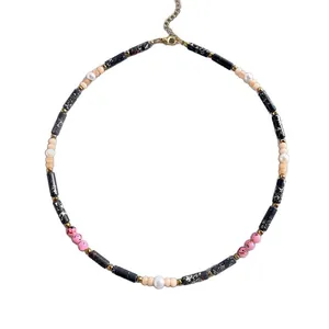 Handmade necklace with natural stones, freshwater pearls and gold lobster clasp